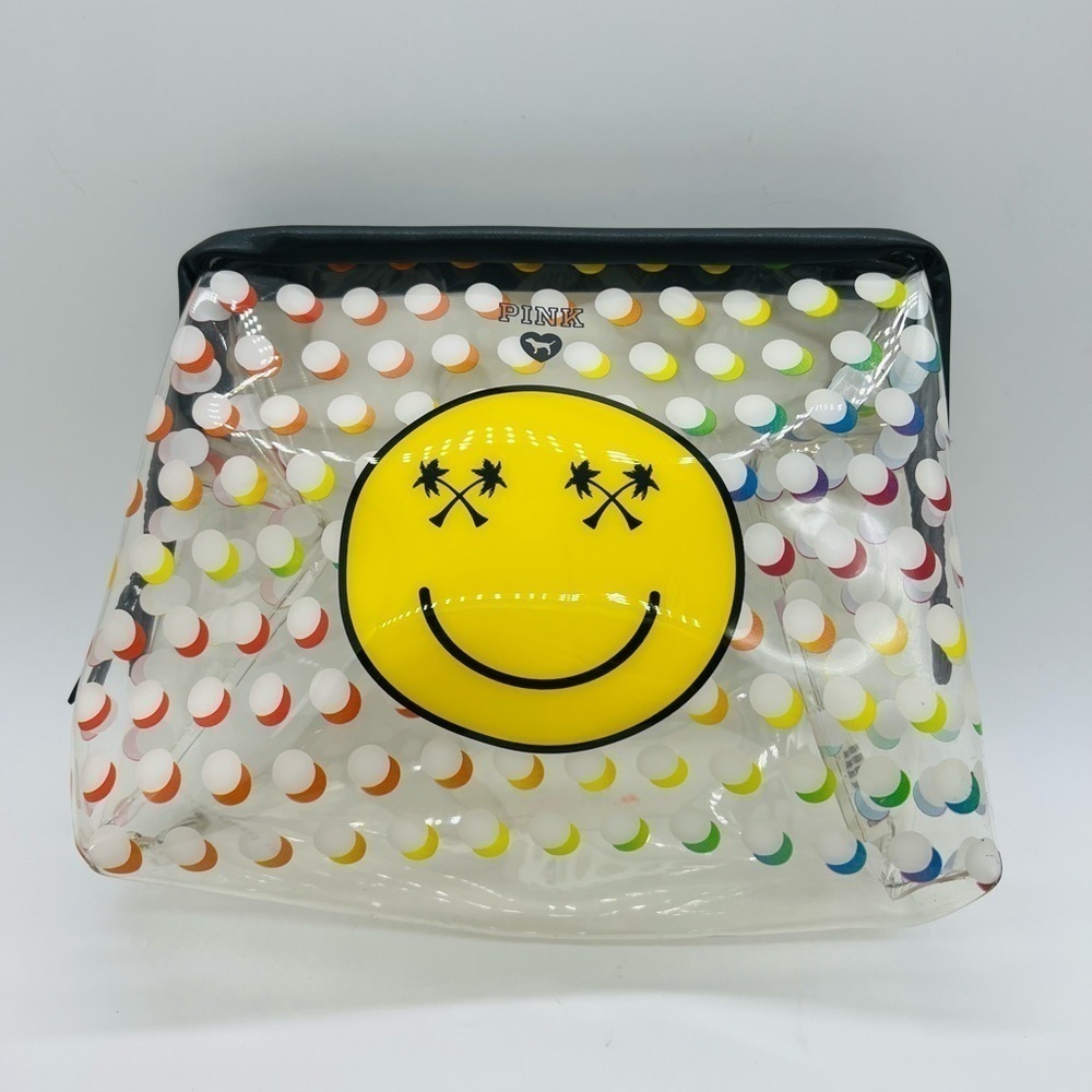 PINK  CLEAR COSMETIC BEACH BAG WITH A HAPPY FACE AND POLKADOTS MADE PVC PLASTIC